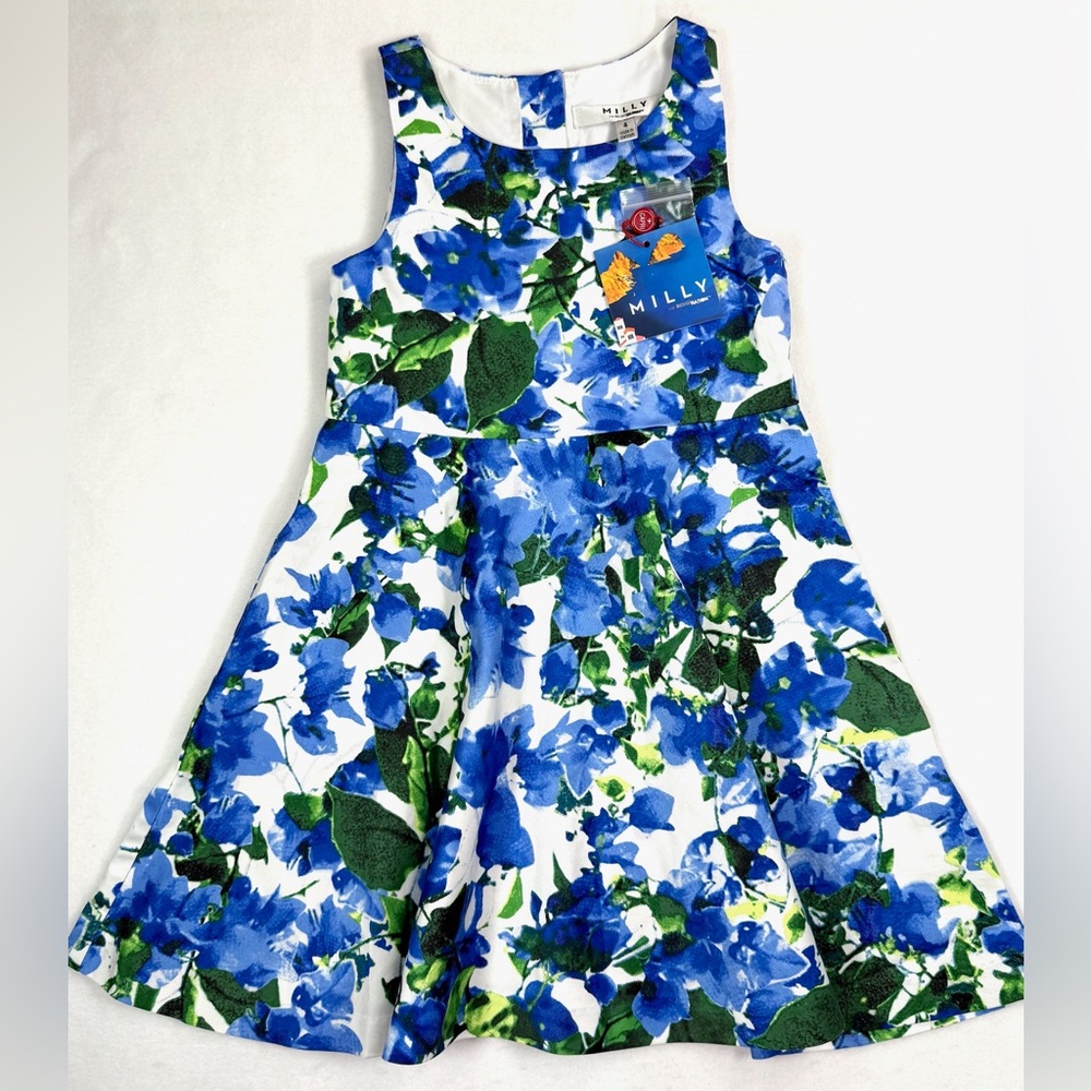 NWT MILLY Mommy and Me Girls' Blue Floral‎ Pleated A-Line Fit & Flare Dress 4